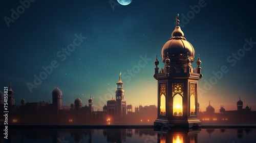 Serene mosque background with glowing lantern: ramadan kareem greeting