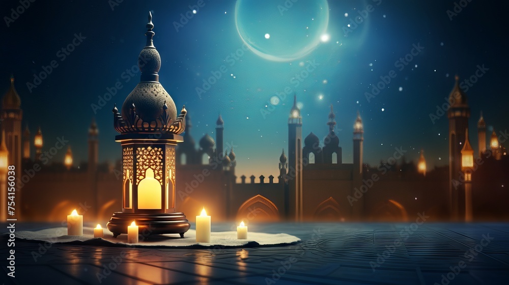Serene mosque background with glowing lantern: ramadan kareem greeting

