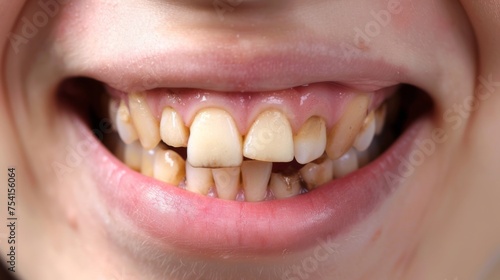 Ugly smile. Closeup open mouth with very bad crooked teeth, caries. Dental problems with oral hygiene. 