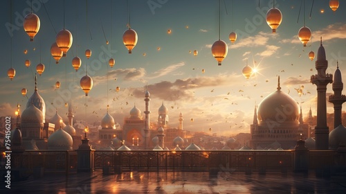 Vibrant ramadan kareem holiday celebration with mosque silhouette and illuminated lanterns in the night sky