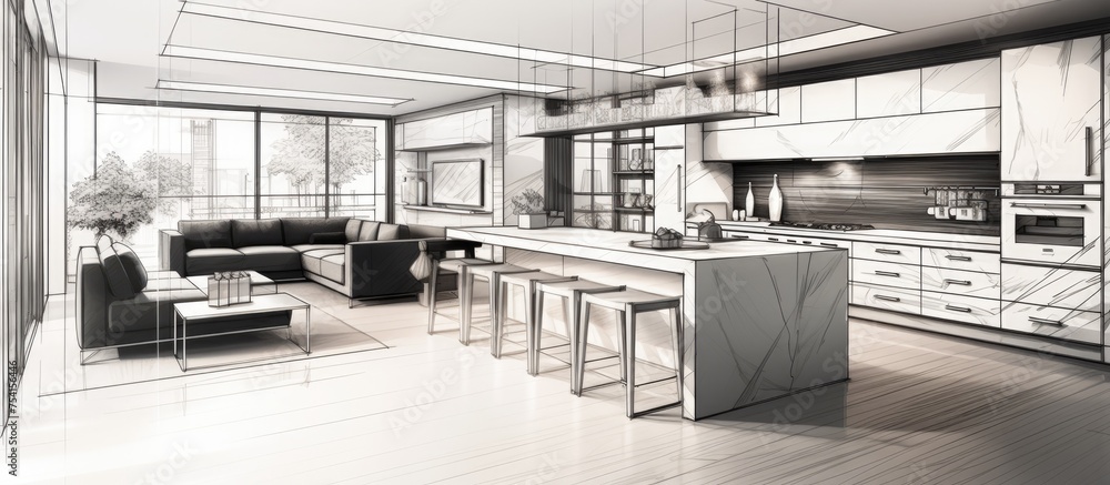 A detailed black and white ink sketch of a modern kitchen with shelves, cabinets, and an island with stools, seamlessly blending into a contemporary living room. A detailed black and white ink sketch of a modern kitchen with shelves, cabinets, and an island with stools, seamlessly blending into a contemporary living room.