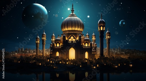 Vibrant ramadan kareem celebration with decorated mosque interior and glowing lanterns, symbolizing culture and faith, muslim holiday concept