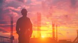Silhouette engineer standing orders for construction crews to work on high ground heavy industry and safety concept over blurred natural background sunset pastel