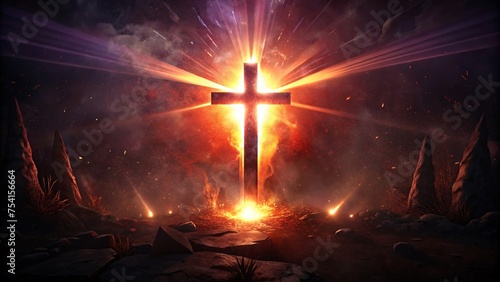 Jesus Christ cross with burning fire and smoke on the background