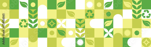 Bio template for ecological social projects, seamless pattern for eco packaging with green flowers. Natural style banner, mosaic of geometric white shapes.