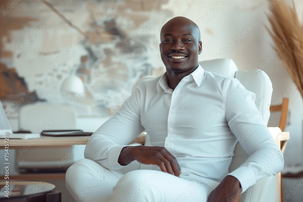 Portrait of a smiling young African American businessman wearing a shirt and sitting on a office chair in minimal workplace background, professional confident young man seated in office, man in office Portrait of a smiling young African American businessman wearing a shirt and sitting on a office chair in minimal workplace background, professional confident young man seated in office, man in office