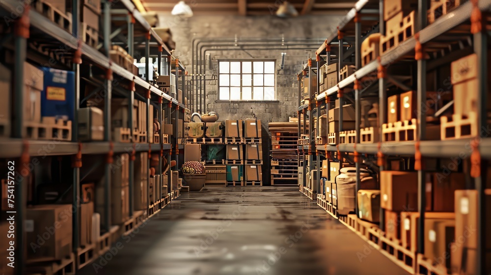 warehouse interior with shelves, pallets and boxes