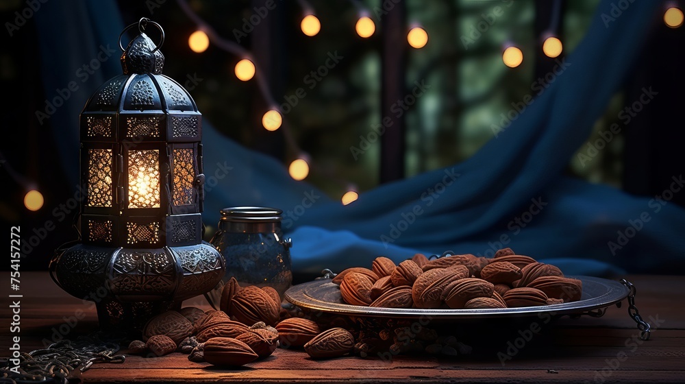 Naklejka premium Vibrant ramadan kareem scene: dates for iftar, rosary praying beads, glowing arabic lantern against night sky with crescent moon – cultural and religious celebration 