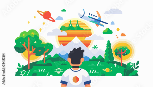 Flat illustration of amazing nature, space and planes in front of him against a white background in a minimalistic style