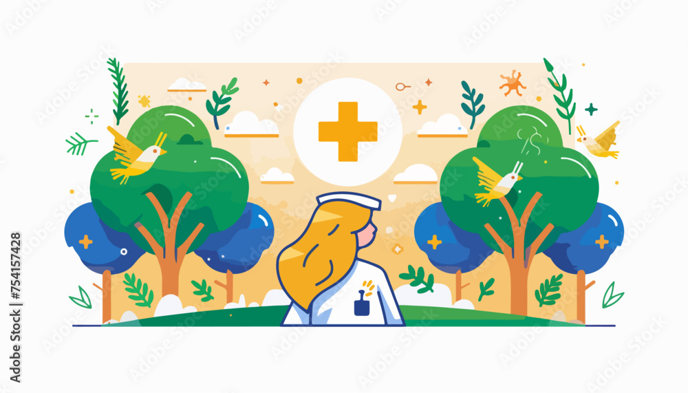 Abstract vector flat illustration of a nurse in a park with trees and birds, on a white background