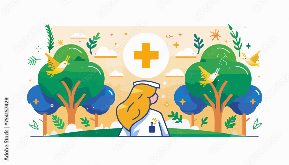 Fototapeta premium Abstract vector flat illustration of a nurse in a park with trees and birds, on a white background