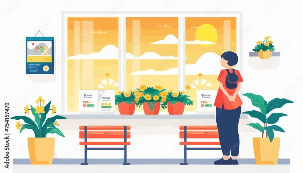 The waiting room of the hospital is decorated with flowers and plants in a flat illustration style using vector graphics and simple lines on a white background