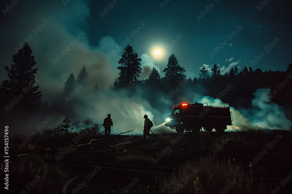 Fototapeta premium A fire truck sprays water on a fire in the dark night under the moonlight