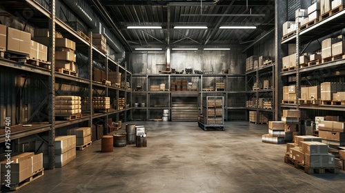 warehouse interior with shelves, pallets and boxes