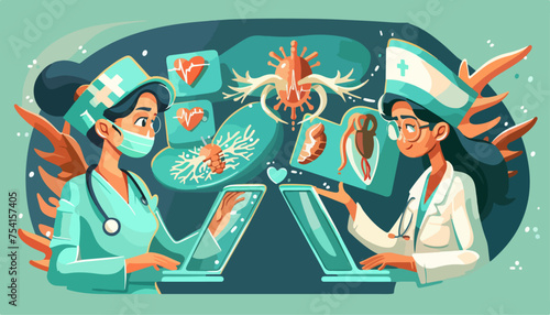 Cartoon illustration of a young nurse running with a digital health icon, in the vector art style