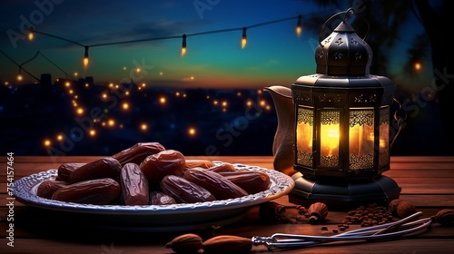 Vibrant ramadan kareem scene  dates for iftar  rosary praying beads  glowing arabic lantern against night sky with crescent moon     cultural and religious celebration 