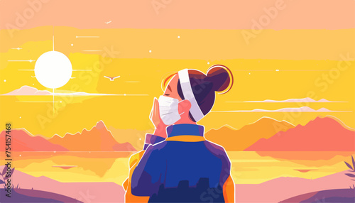 A flat illustration of an Asian woman wearing a face mask, holding her neck and looking at the sunrise over mountains in front of her