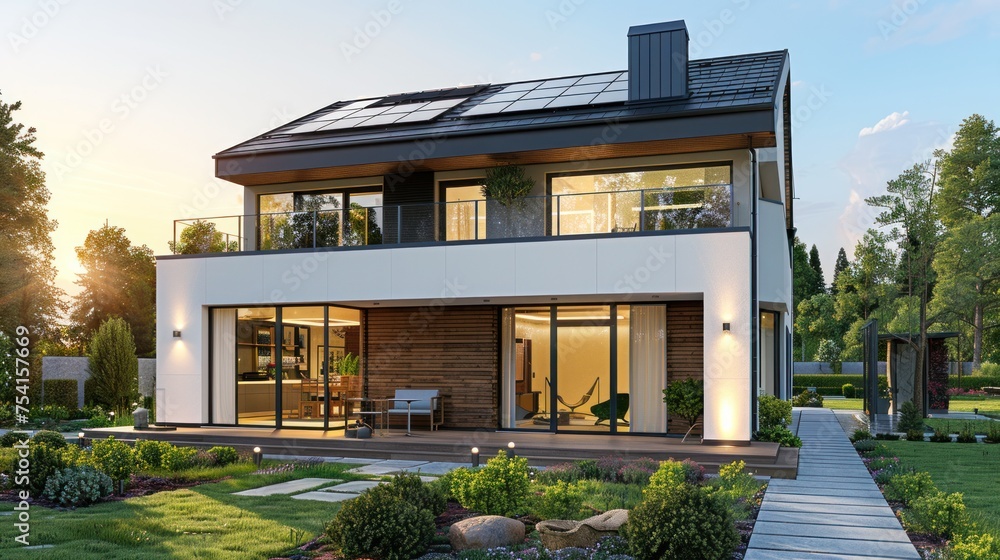 Obraz premium A digital transformation of a suburban house with solar panels appearing on the roof. Installation of Clean Energy Saving Green Eco Solution. Concept of Eco-Renewable Power and a Healthy Environment