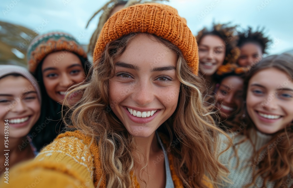 A group of various friends took a selfie in a city, laughing and having fun together. A group of multi-ethnic young people celebrated life with cheerful smiles. The idea of friendship, diversity, yout A group of various friends took a selfie in a city, laughing and having fun together. A group of multi-ethnic young people celebrated life with cheerful smiles. The idea of friendship, diversity, yout