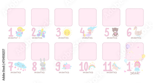 Baby monthly photo frames. Baby milestone blanket with frame. Milestone cards for girl. Vector illustrations isolated on white background.Baby shower gift. 