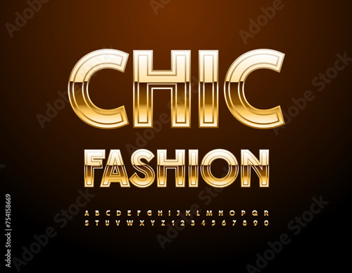 Vector modern sign Chic Fashion. Cool Elite Font. Trendy Gold Alphabet Letters and Numbers set.