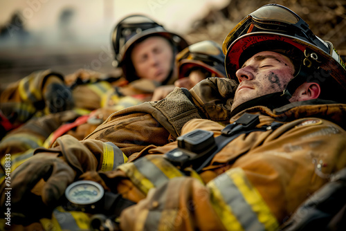 A squad of firefighters personne in uniforms lay on the ground
