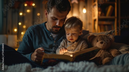 A father reads a story to his child before bedtime. Father's Day Message of Love