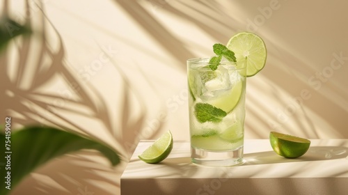 Mojito cocktail on podium on beige background. Glass of alcoholic drink