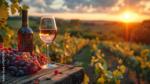 A glass of wine and a bottle of wine stand on the table, against the backdrop of a landscape with vineyards photo