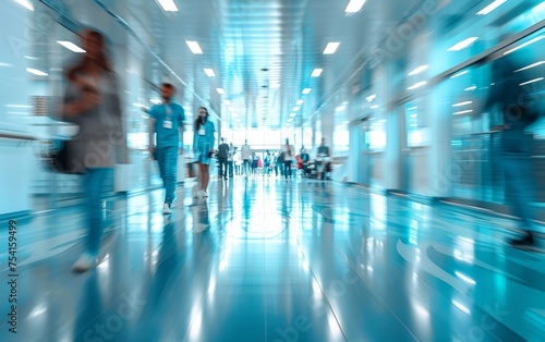 Patients rush through the busy hospital corridor, seeking medical attention from doctors, embodying the urgency of healthcare.