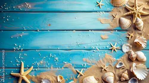 Summer scene with sand, shells and a starfish on an old blue wooden floor with copyspace
