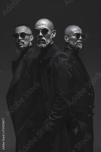 Three bald men in sunglasses and coats stand side by side in a black and white photo, showcasing their stylish eyewear and fashion sense