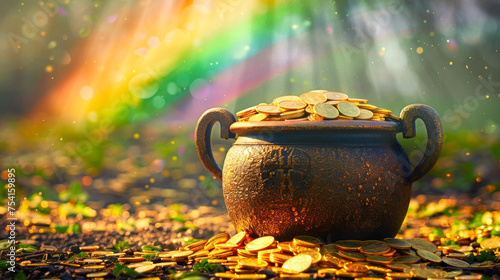 Iron pot full of gold coins at the end of the rainbow, one of the Saint Patrick's Day symbols