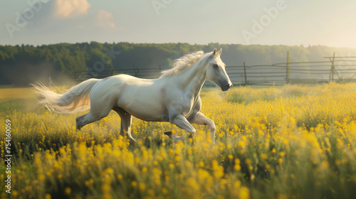 a white horses run in a green field, 