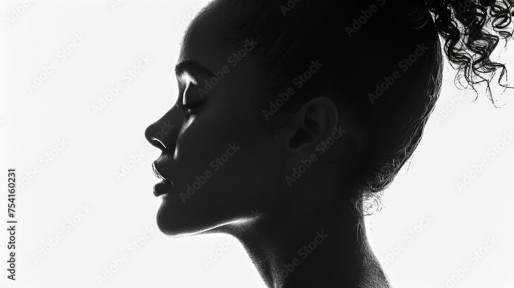 Black silhouette of a girl against a white backdrop. Simple yet striking, embodying elegance and contrast in perfect harmony.