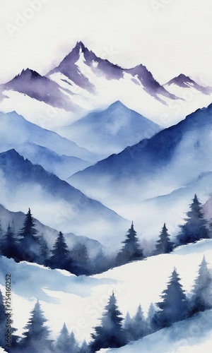 Watercolor winter landscape with mountains, pine trees and blue sky. © Andrey