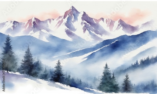 Mountain landscape with snow and fog. Digital watercolor painting.