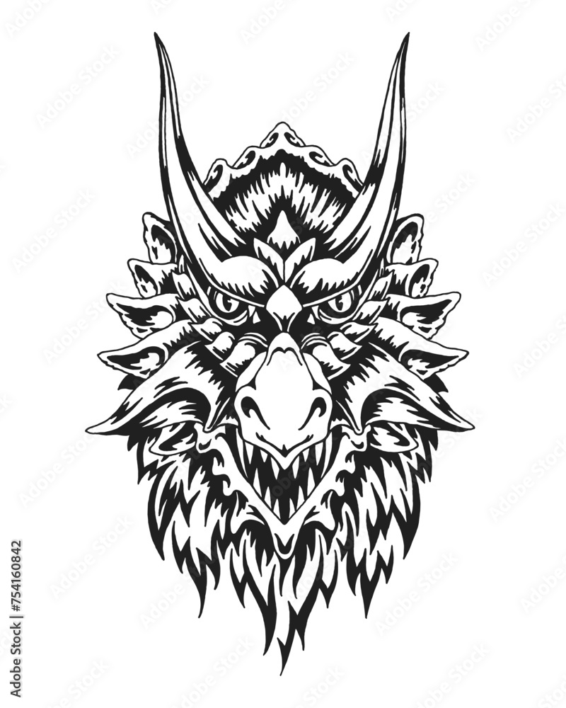 Obraz premium Chinese Dragon Head. Print or Tattoo Design. Vintage Hand Drawn Vector Illustration