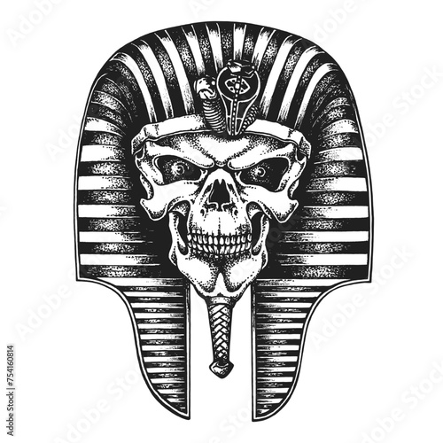 Ancient Egyptian Pharaoh King Skull Wearing Nemes Headdress. Print or Tattoo Design. Vintage Hand Drawn Vector Illustration