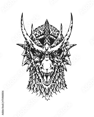 Chinese Dragon Head. Print or Tattoo Design. Vintage Hand Drawn Vector Illustration