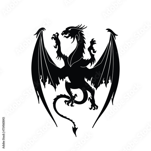 Dragon Silhouette Heraldic Coat of Arms. Print or Tattoo Design. Vintage Black and White Vector Illustration