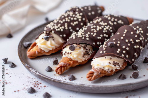 delicious Chocolate Cannoli Elegant  a plate with chocolate-dipped cannoli © HappyTime 17