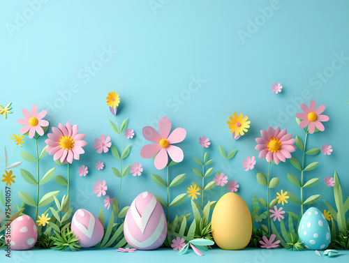 easter background with paper cut flowers, copy space in the center, paper cut craft, easter card design, pastel colors, 3d illustration, clear and sharp focus, very detailed, vintage.
