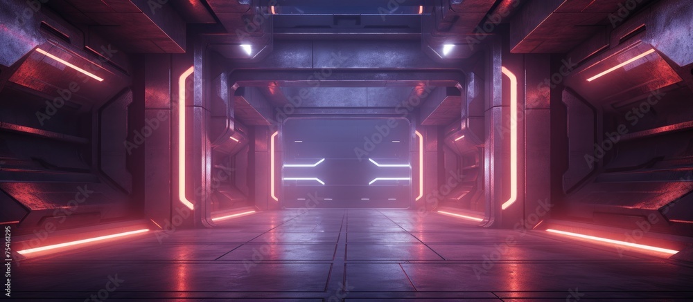 This image showcases a futuristic sci-fi interior filled with abstract concrete structures and neon tubes glowing in gradient colors. The scene exudes a high-tech and otherworldly atmosphere. This image showcases a futuristic sci-fi interior filled with abstract concrete structures and neon tubes glowing in gradient colors. The scene exudes a high-tech and otherworldly atmosphere.