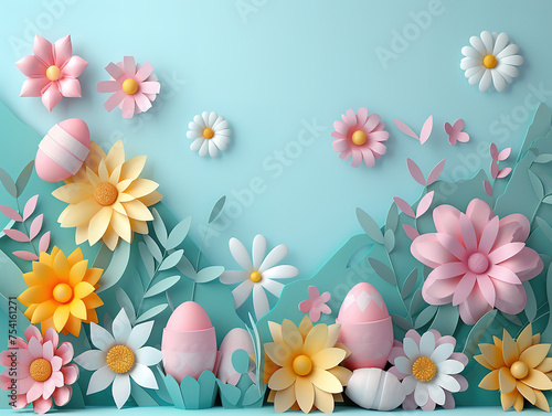 easter background with paper cut flowers  copy space in the center  paper cut craft  easter card design  pastel colors  3d illustration  clear and sharp focus  very detailed  vintage.