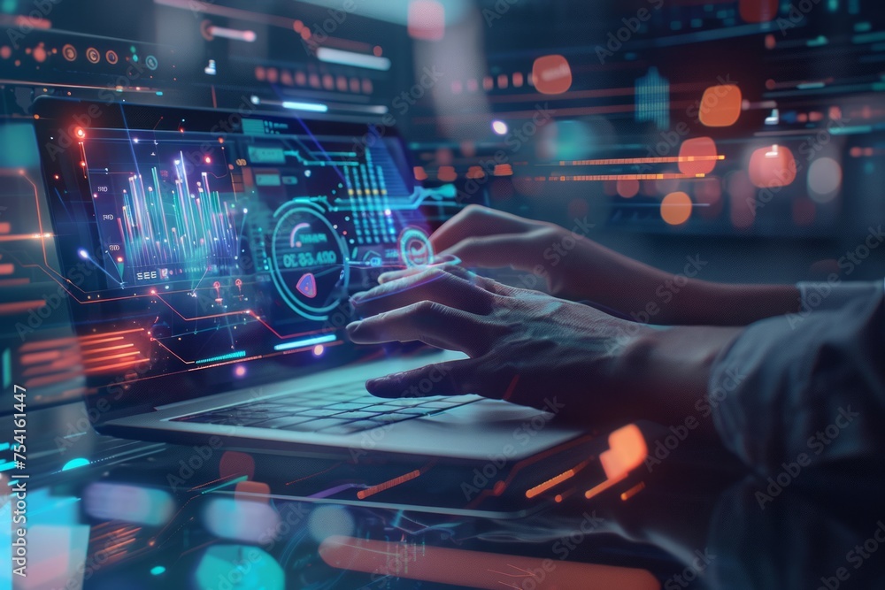 Person using laptop with futuristic digital analytics interface. Person using laptop with futuristic digital analytics interface.