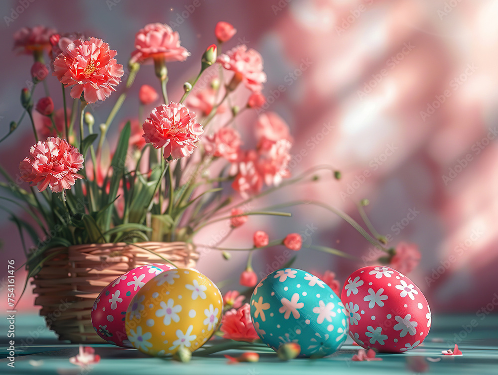 easter eggs and daisies in the grass. Empty space for product presentaton, Colorful Easter eggs, carnations in the background, sunlight, hyperrealism easter eggs and daisies in the grass. Empty space for product presentaton, Colorful Easter eggs, carnations in the background, sunlight, hyperrealism