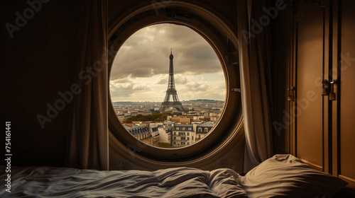 A stunning view of the Eiffel Tower and Parisian streets seen through the circular window of a cozy hotel bedroom.