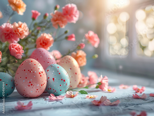 easter eggs and daisies in the grass. Empty space for product presentaton, Colorful Easter eggs, carnations in the background, sunlight, hyperrealism photo