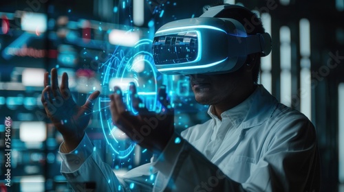 Scientists and VR or futuristic glasses for healthcare software, metaverse and 3D labs in digital experiences.